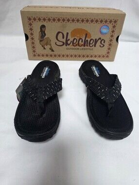 Skechers Reggae Stir It Up Flip Flops Black Silver Women's 7 NIB